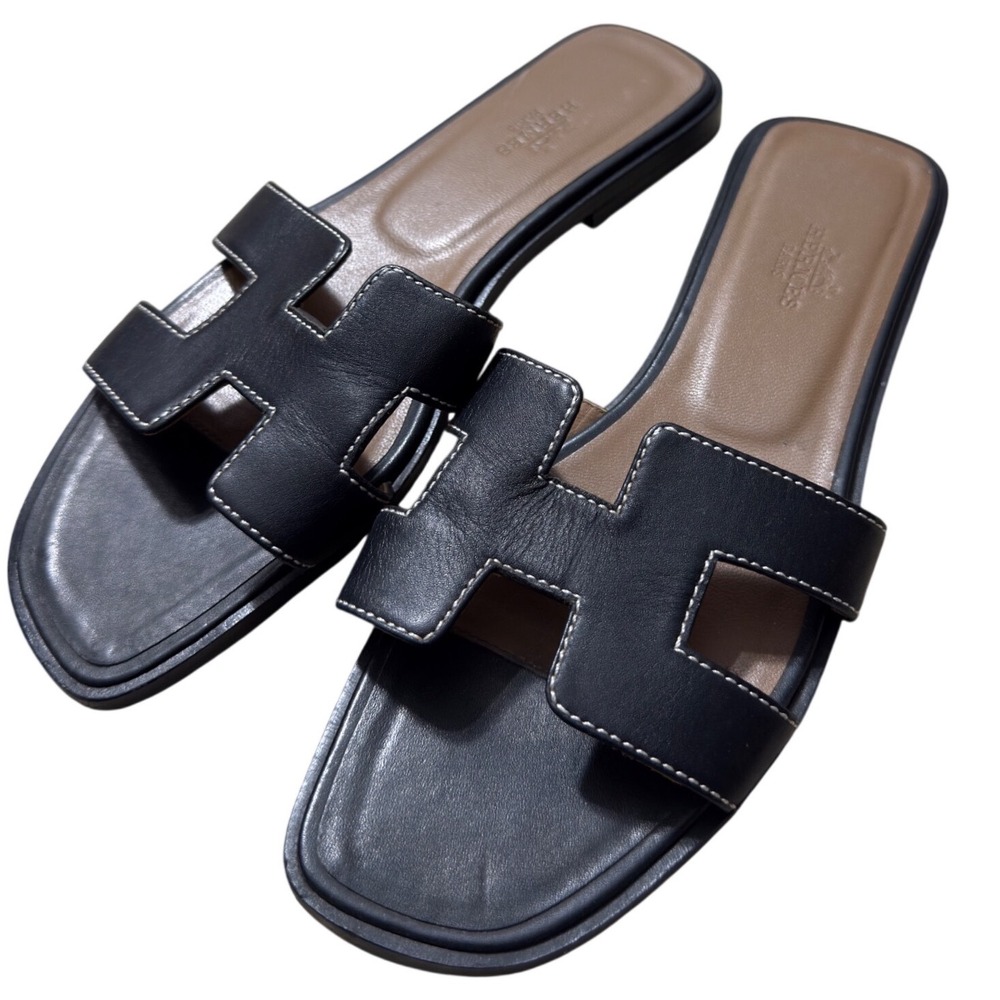 Hermes Oran Sandals Black Epsom Leather White Stitching Slides Size 38